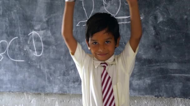 インドの農村部の学生は罰のために教室で手を挙げた 少年は教室で怠けていた — ストック動画