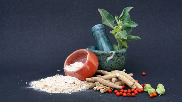 Ashwagandha Kuru Kök Şifalı Bitki ve Taze Yapraklar, Withania Somnifera, Ashwagandha, Indian Ginseng, Poison Gooseberry, veya Winter Cherry olarak da bilinir..