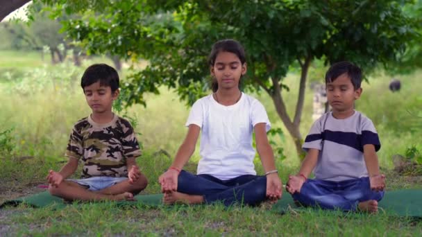Grupa Indyjskich Dzieci Lub Dzieci Siedzi Maty Ćwiczeń Medytacji Ogrodzie — Wideo stockowe