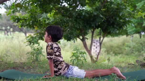 Portret Wspaniałego Chłopca Ćwiczącego Jogę Świeżym Powietrzu Piękny Chłopiec Ćwiczy — Wideo stockowe