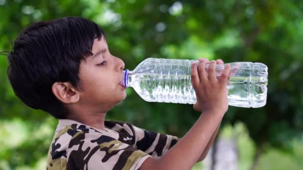 Piękne Dziecko Siedzące Trawie Pije Wodę Butelki Latem Chłopiec Gasi — Wideo stockowe
