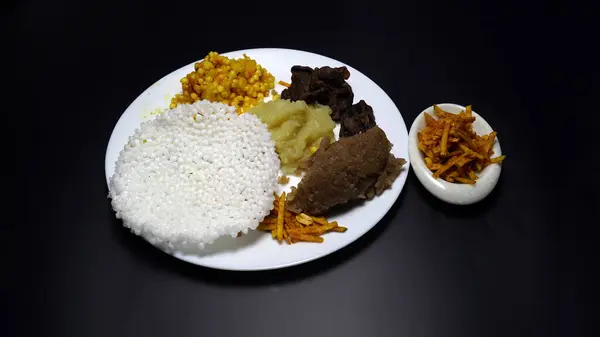Indian Fasting Gujarati Upwas Fast diet items offered in Thali complete meal. Mahashivratri Shivratri Navratri Ram Navami festival fasting food