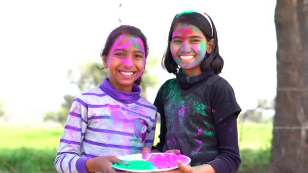 Footage Happy Indian Girl Playing Colours Smiling Colors Face Asian — Stock Video