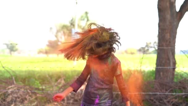 Footage Adorable Indian Girl Playing Collars Holi Festival — Stock Video