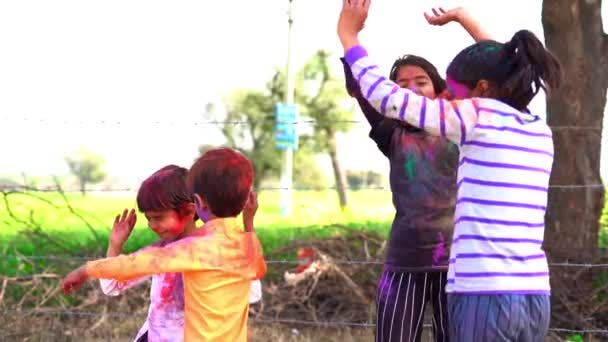 Happy Indian Kids Playing Colours Smiling Colors Face Asian Children — Stock Video