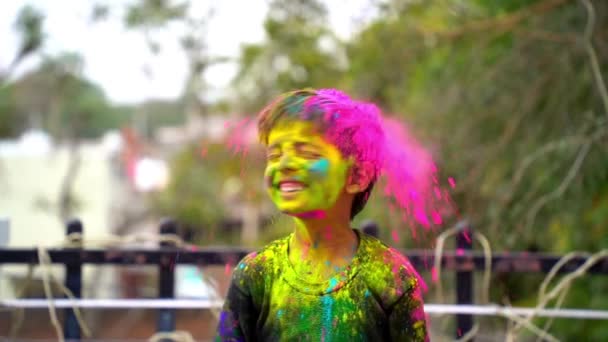Footage Happy Indian Kid Playing Colours Smiling Colors Face — Stock Video