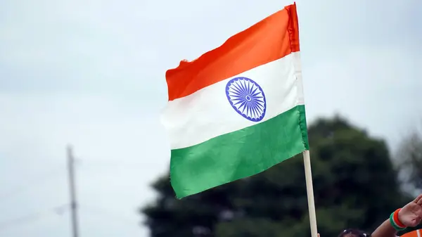 stock image India flag flying high with pride, India flag fluttering, Independence Day and Republic Day of India, tilt up shot, Har Ghar Tiranga