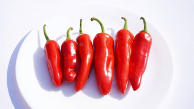 Chili biberi izole edilmiş. Beyaz arka planda kırmızı biberli üst görünüm. Kırmızı acılı biberin üstünü de kes. kırpma yolu ile.