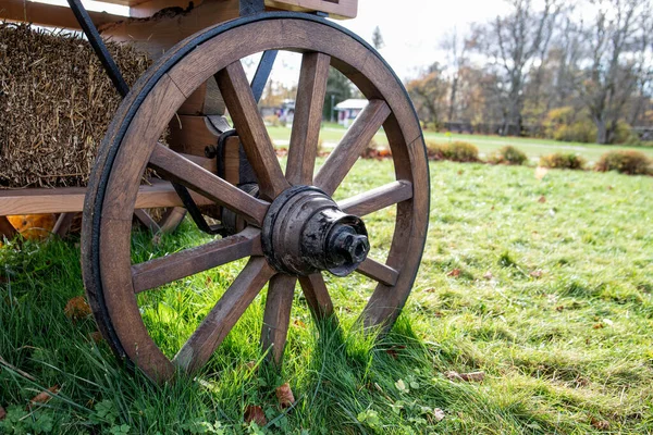 stock image Wooden wheel on horse cart. Sunny autumn day.