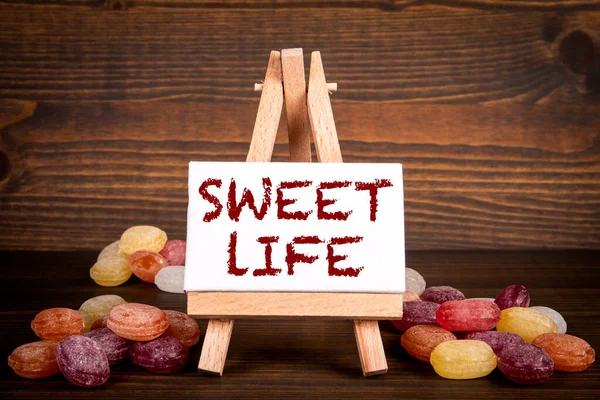 Sweet Life Miniature Easel Text Wooden Background — Stock Photo, Image