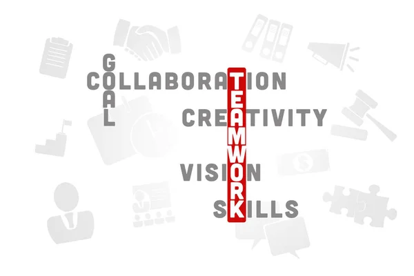 TEAMWORK concept. Illustration with text and icons, crossword puzzle on a white background.
