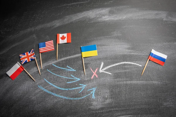 United States Great Britain Poland Canada aid to Ukraine concept. Flags on a dark chalkboard.