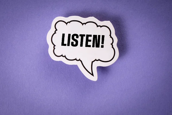 Escuchen Burbuja Habla Blanca Con Texto Sobre Fondo Púrpura —  Fotos de Stock