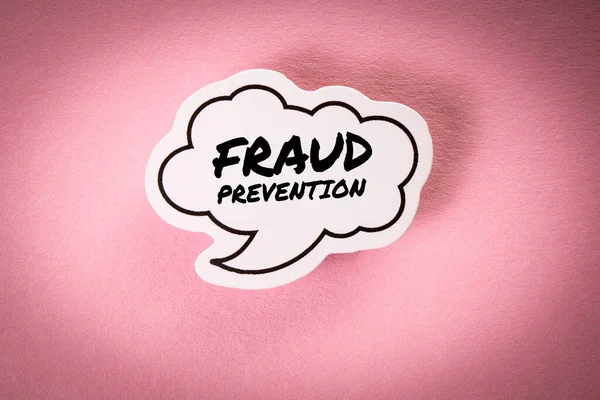 Fraud Prevention. White speech bubble with text on pink background.