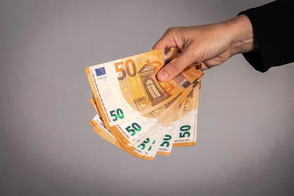 Dinero Euros Una Mano Mujer Economía Finanzas — Foto de Stock