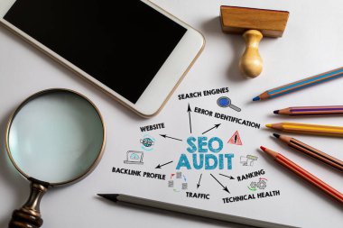 Seo Denetim Konsepti. Çizelge ve çizimler beyaz ofis masasında..