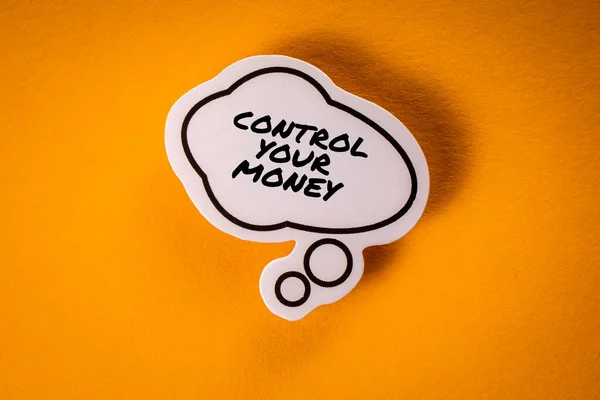 Controla Concepto Dinero Burbuja Del Habla Con Texto Fondo Amarillo — Foto de Stock