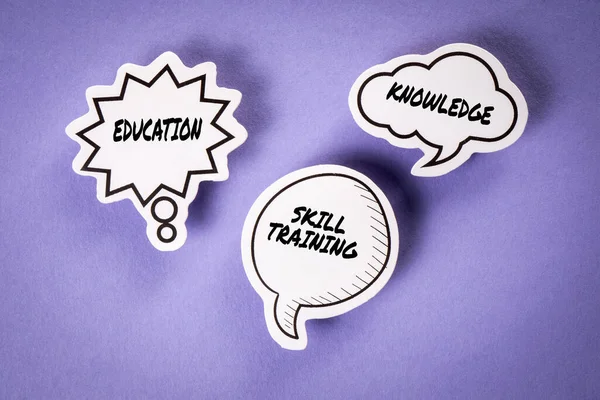 SKILL TRAINING, EDUCATION and KNOWLEDGE. Speech bubbles with text on purple background.