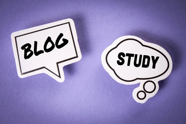 BLOG and STUDY Concept. Two speech bubbles with text on a purple background.