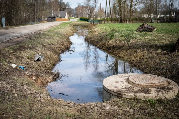 Sewer Well Waste Ditch Prevent Flooding Spring Thaw — Stock Photo, Image