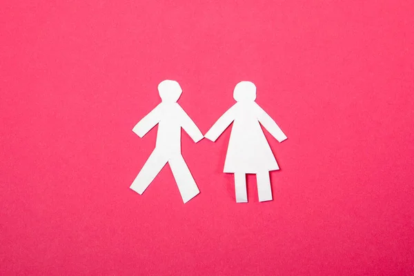 Vztah Muže Ženy Láska Rodinný Koncept Papírové Lidské Postavy Růžovém — Stock fotografie