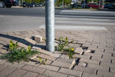 Yaya kaldırımında hasar görmüş bir kaldırım. Otoyol ve arabalar.