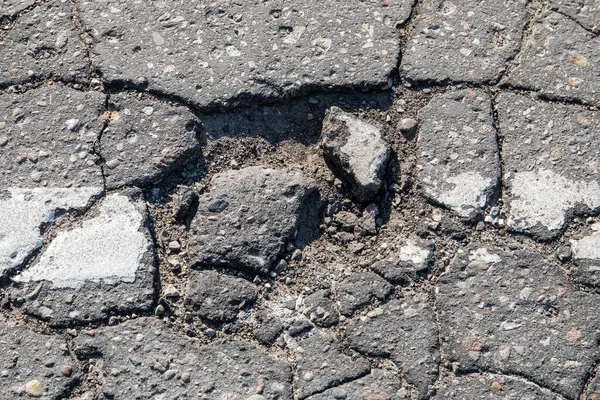 Damaged Potholed Asphalt Pavement Danger Traffic Safety — Stock Photo, Image