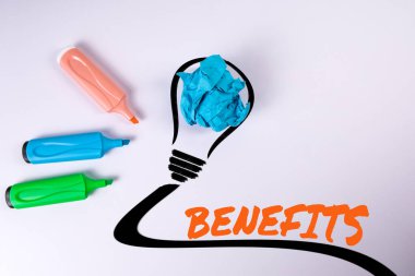 Benefits Concept. Text and colored markers on a white background. clipart