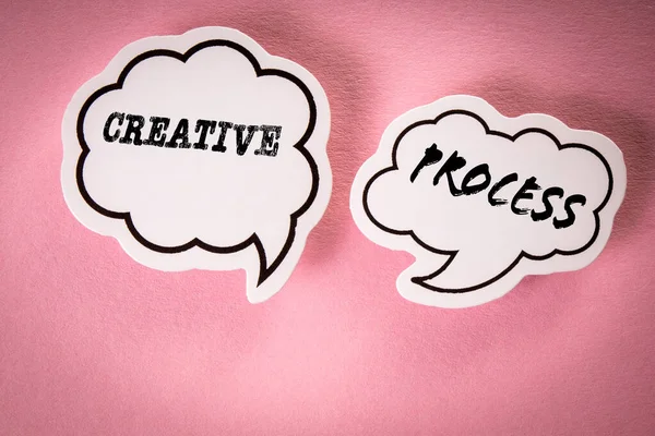 Creative Design Process Concept. Two speech bubbles with text on a pink background.