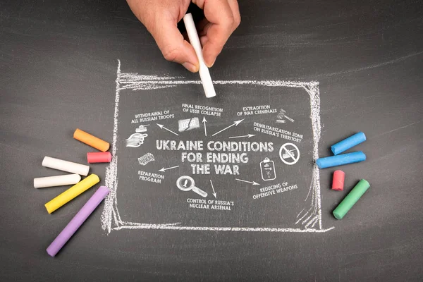 Oekraïne Voorwaarden Voor Het Beëindigen Van Oorlog Donker Krijtbord Achtergrond — Stockfoto