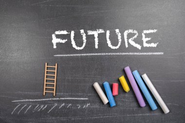 Future Concept. Colored pieces of chalk on a dark chalkboard background.