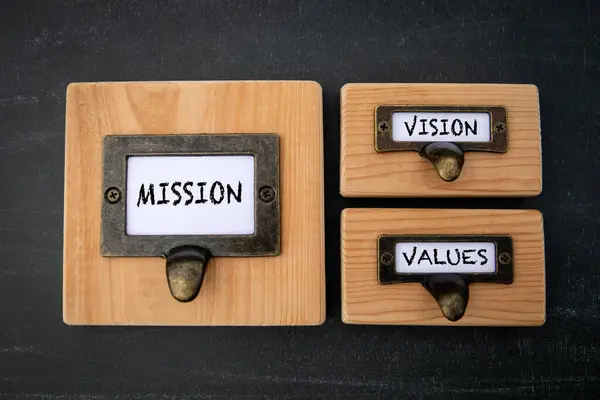Mission Vision Values Concept. File cabinet label. Dark gray background.