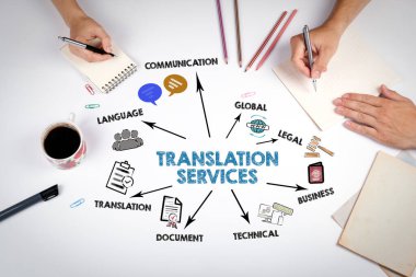 TRANSLATION SERVICES Concept. The meeting at the white office table. clipart