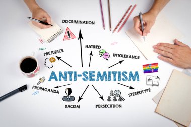 Anti-semitizm kavramı. Beyaz ofis masasındaki toplantı..