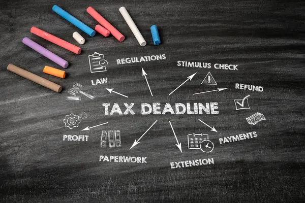 Tax Deadline. Regulations, Stimulus Check, Payments and Profit concept. Black scratched textured chalkboard background.