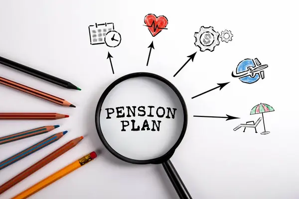PENSION PLAN. Black magnifying glass on a white background.