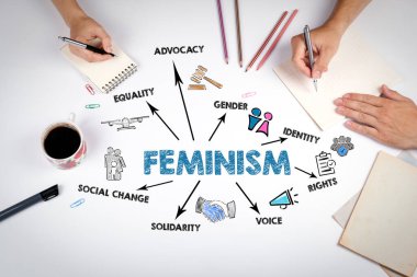 Feminizm kavramı. Beyaz ofis masasındaki toplantı..