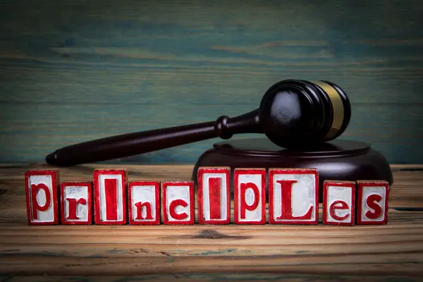 Principles Red Alphabet Letters Judges Gavel Wooden Background Laws Justice — Stockfoto