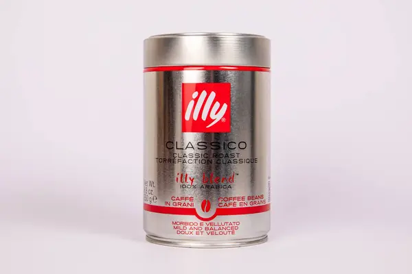 stock image Sigulda, Latvia - May 19, 2024. Illy coffee metal packaging can on a white background. Logo and branding