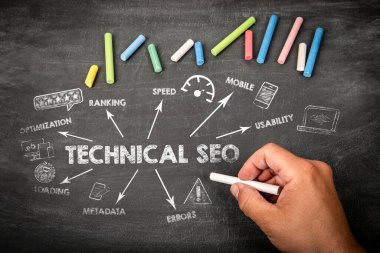 Teknik SEO Konsepti. Siyah karatahta arka planında simgeler, oklar ve anahtar sözcükler içeren resim.