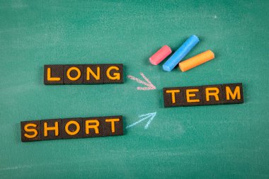 Uzun Dönem ve Kısa Dönem Konsepti. Yeşil karatahta arka planında eski harf kiremitleri.