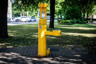 İçme suyu için sarı halka açık su istasyonu, arka planda park.