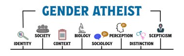 Cinsiyet Ateist Konsepti. Anahtar kelimeler ve simgelerle illüstrasyon. Yatay Ağ Pankartı.