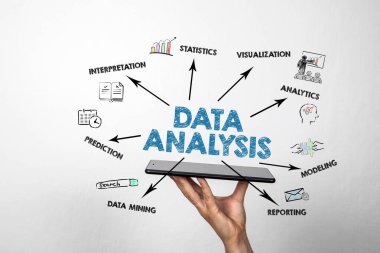 Veri Analizi Kavramı. Simgeler, oklar ve anahtar kelimelerle illüstrasyon.