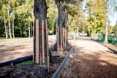 Yol yenileme, korunmak için tahtalarla kaplı ağaçlar..