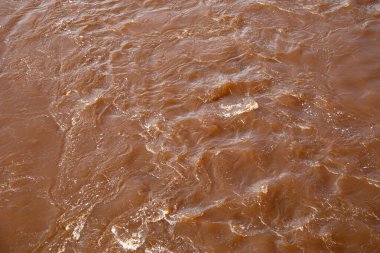 Doğal Gün Işığında Yansıma ve Akış Şablonlarıyla Çalkantılı Kahverengi Nehir Suyu.