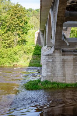 Yeşil Ağaçlar ve Gün Işığında Yansımalarla Akan Nehir Üzerinde Somut Köprü Yapısı.