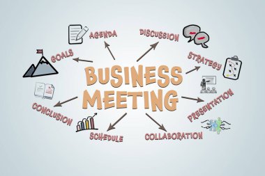 İş Toplantısı Konsepti. Simgeler, anahtar sözcükler ve oklarla illüstrasyon.