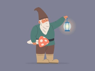 Fener ve mantarlı el yapımı bahçe cücesi.