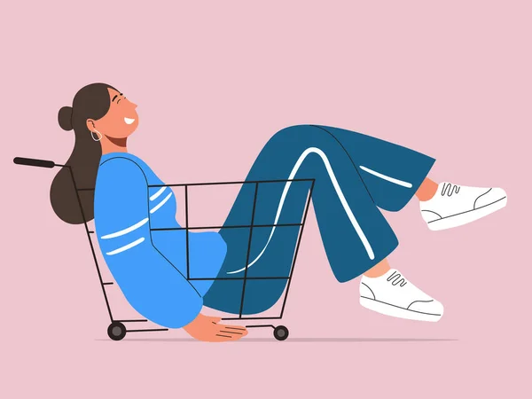 スーパーマーケットのトロリーに座っている女性 ショッピングコンセプト — ストックベクタ